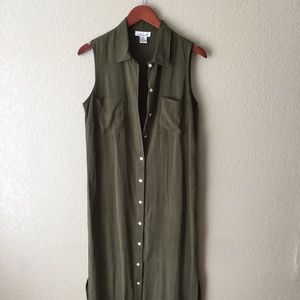 VINTAGE 100% Silk Olive Green Button Down Dress